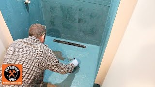 Build Curbless Walk In Shower on Concrete Floor Part 4 Waterproofing [upl. by Zsa Zsa772]