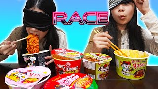 BLINDFOLDED SPICY NOODLE RACE CHALLENGE [upl. by Ardnuahs554]