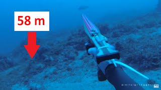 EXTREME 58 m  DEEP SPEARFISHING WITH PIERLUIGI LEGGERI  Pesca in apnea abissale [upl. by Nosniv803]