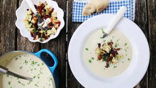 Blomkålsuppe med purre og sprøstekt bacon  Trines Mat [upl. by Laeno]