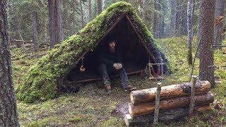 Winter Bushcraft Shelter Build  Overnight Camping Raised Bed Natural Shelter Fire Reflector [upl. by Ahearn]