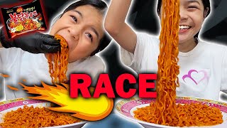 SPICY NOODLE RACE Using Our Hands Samyang Spicy Fire Noodles [upl. by Adnohsal]