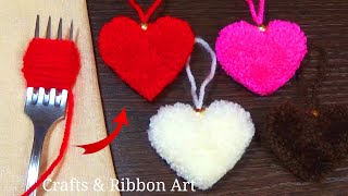 Easy Pom Pom Heart Making Idea with Fork  Amazing Valentines Day Crafts  How to Make Yarn Heart [upl. by Atteval]