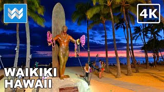 4K Waikiki Beach at Night in Honolulu Hawaii USA Walking Tour amp Travel Vacation Guide Kalakaua [upl. by Mays]