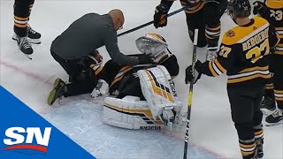 Tuukka Rask Has To Be Helped Off The Ice After Filip Chytil Slams Into Him During Goal [upl. by Tomi719]