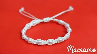 Como hacer una Pulsera de hilo simple con perlas✧ NUDO PLANO Macrame [upl. by Drawe]