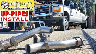 2001 F350 73  RiffRaff UpPipes Install  Stock up pipes leaking and falling apart JUNK SP [upl. by Corkhill673]