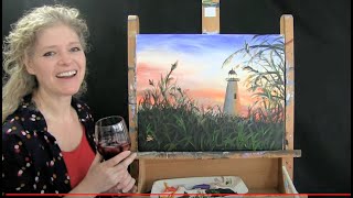 Sunset Lighthouse  Paint and Sip at Home  Step by Step acrylic painting tutorial [upl. by Nosredneh]