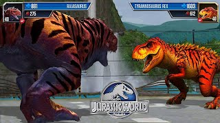 RAJASAURUS VS T REX  JURASSIC BATTLE  JURASSIC WORLD THE GAME [upl. by Ana]